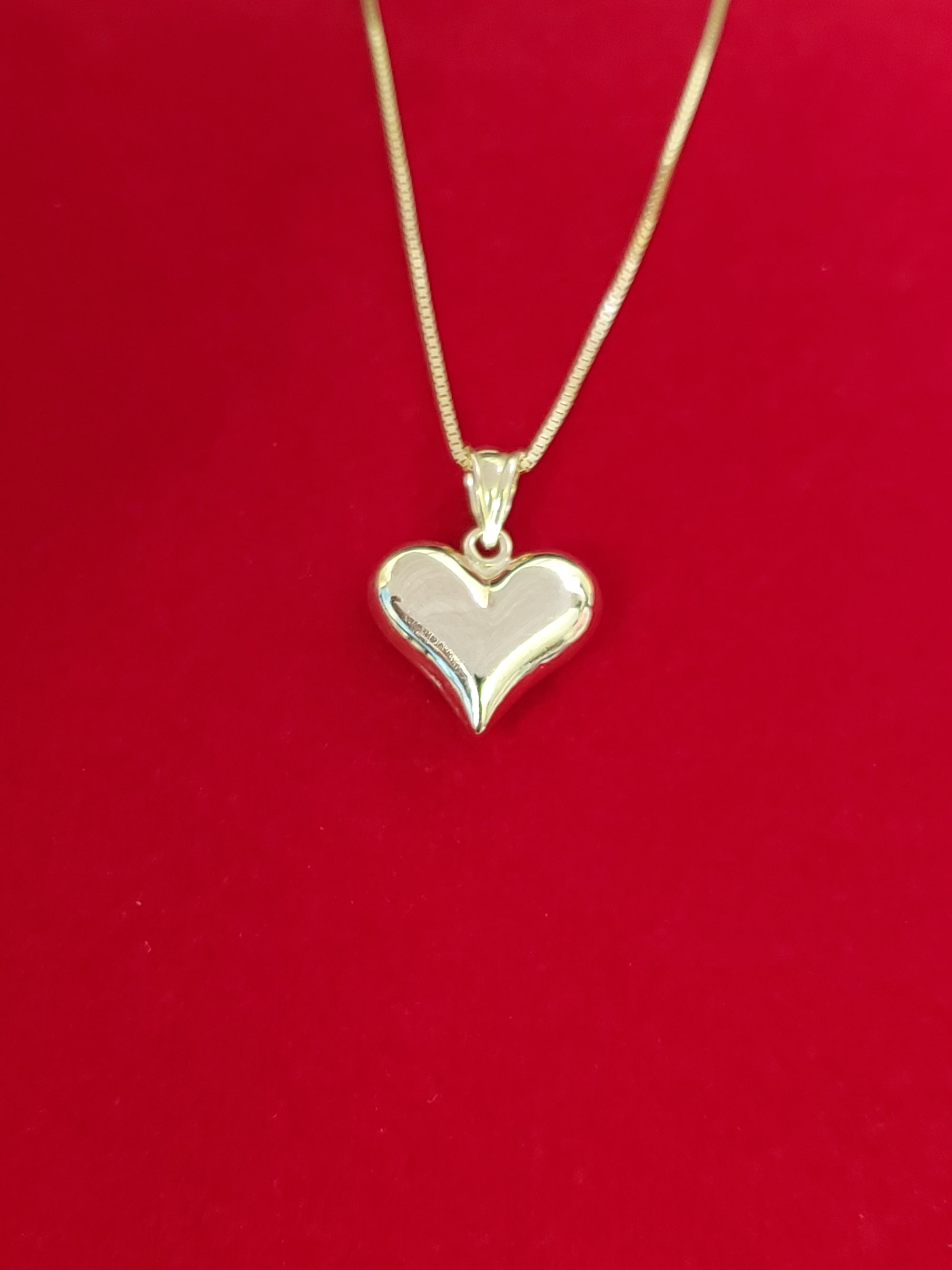 10K Solid Real Yellow Gold Puffed Heart Pendant Charm with Box Chain