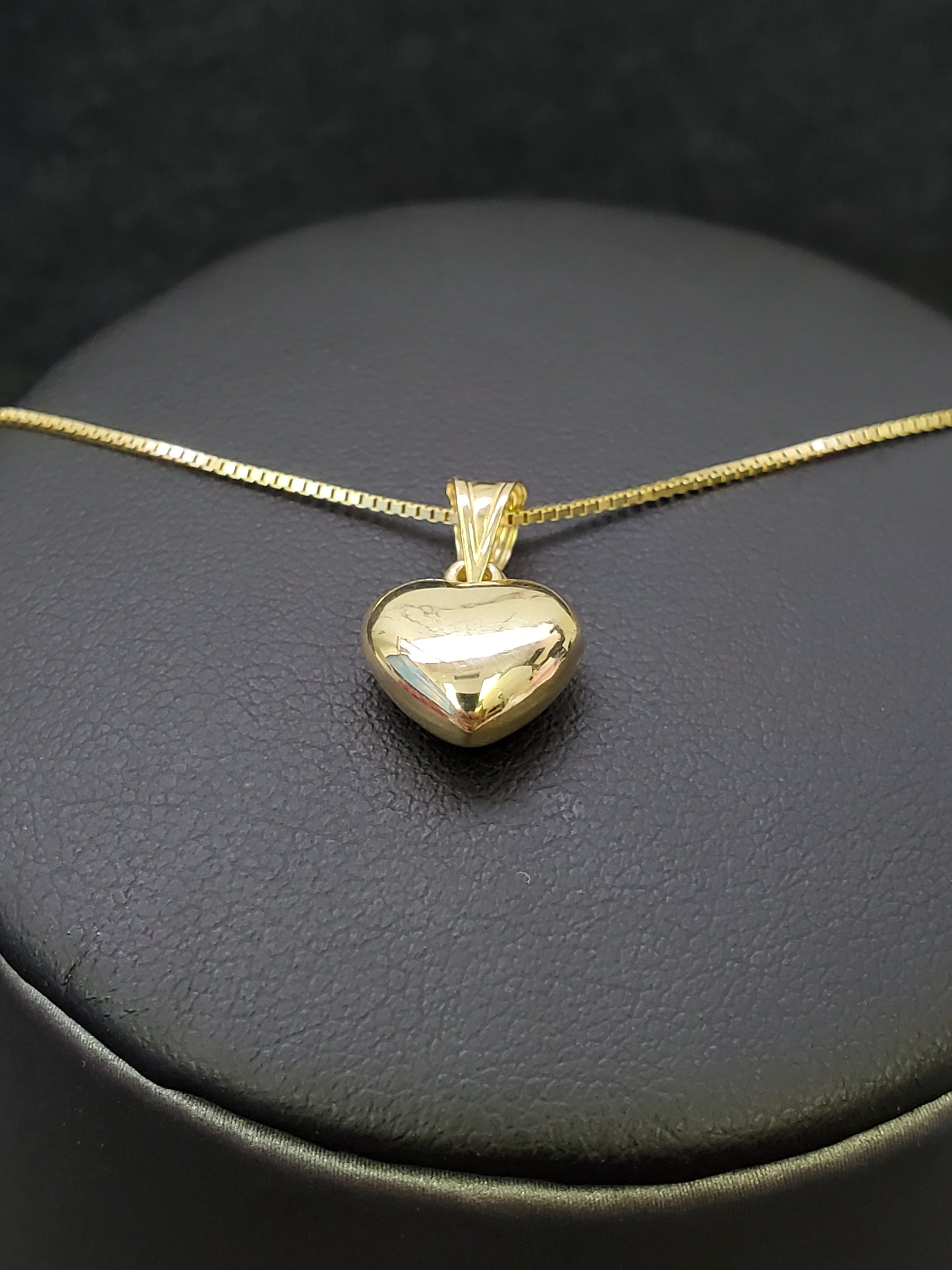 10K Solid Real Yellow Gold Heart Pendant Charm with Box Chain