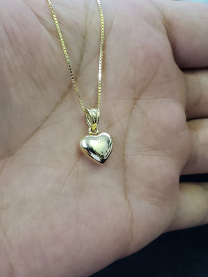 10K Solid Real Yellow Gold Heart Pendant Charm with Box Chain