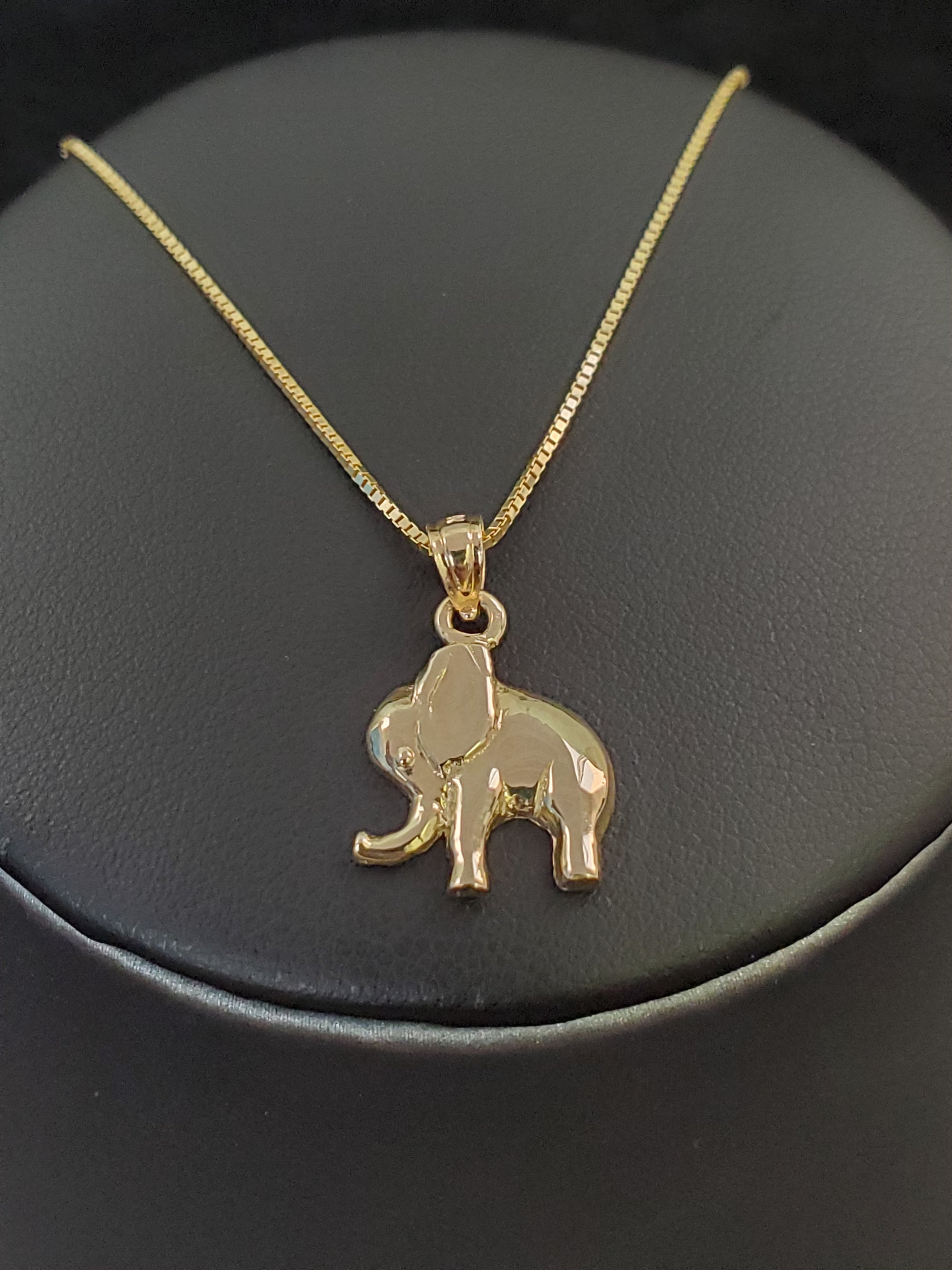 10K Solid Real Yellow Gold Elephant Pendant Charm with Box Chain