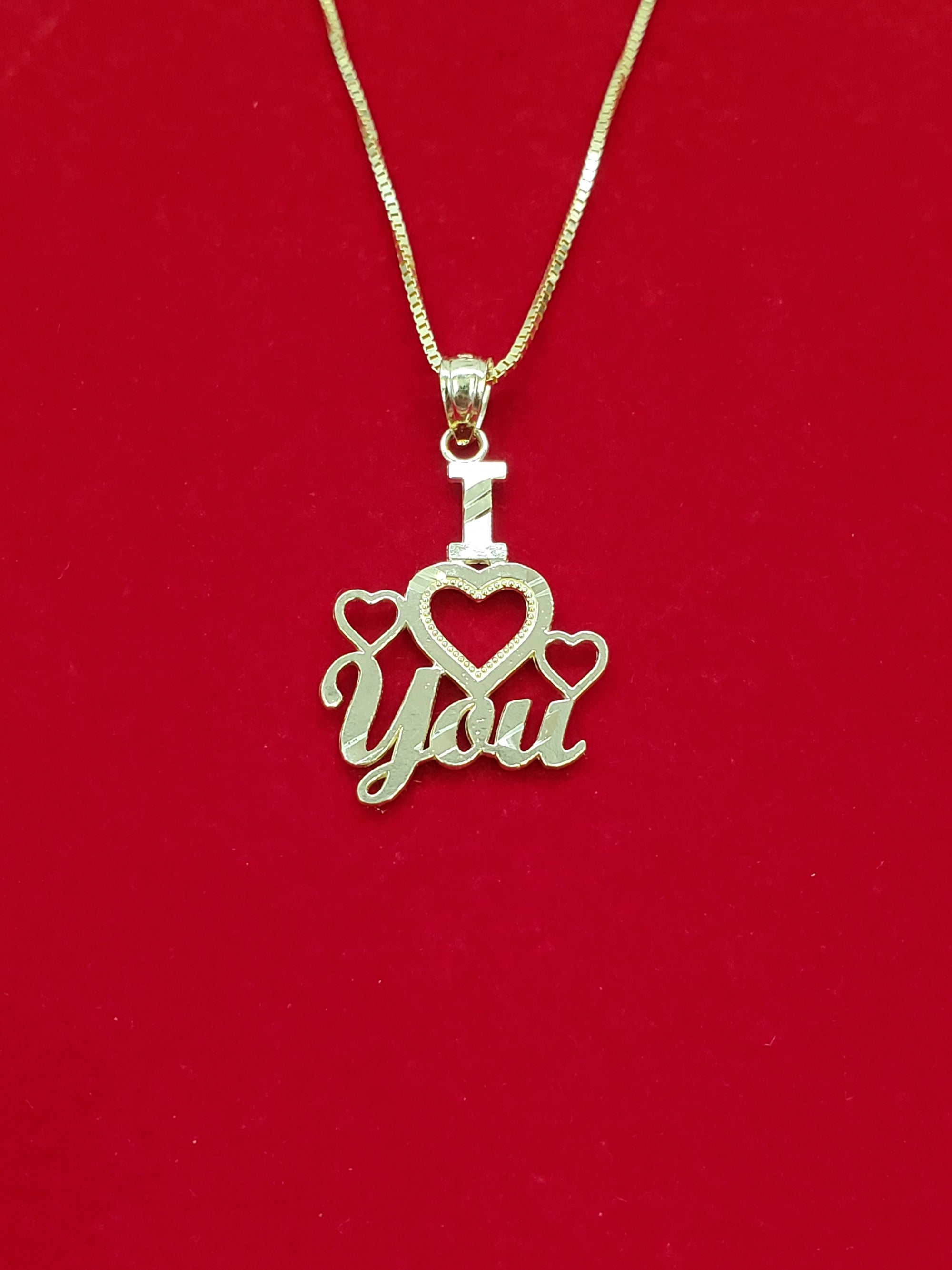 10K Solid Real Yellow Gold I Love You Pendant Charm with Box Chain