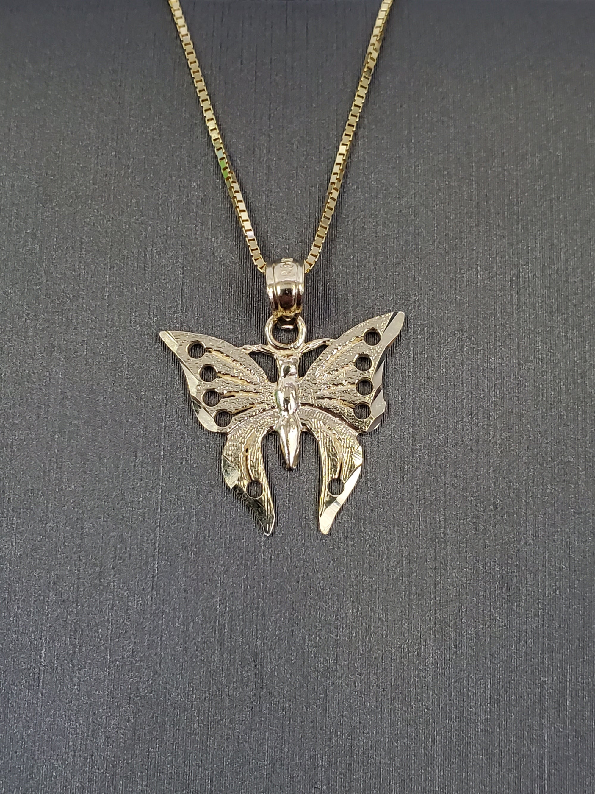 10K Solid Real Yellow Gold Butterfly Pendant Charm with Box Chain