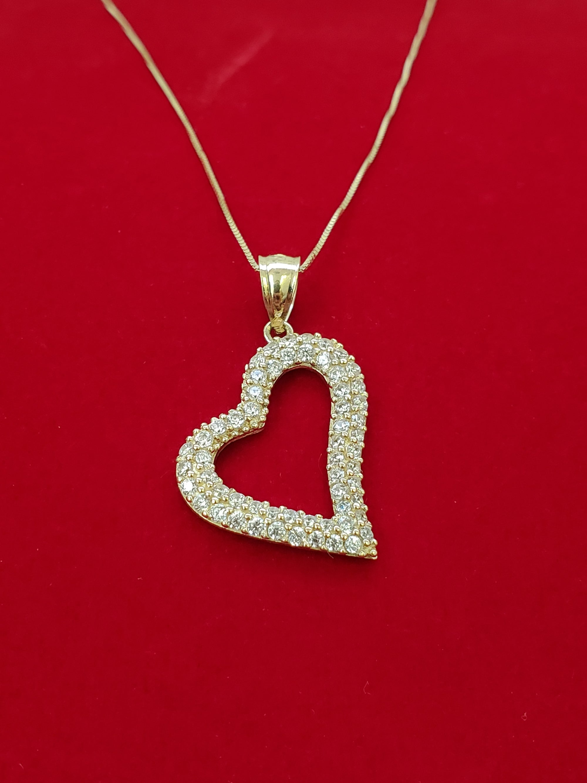 10K Solid Real Yellow Gold Curved Heart Cz (S) Pendant Charm with Box Chain