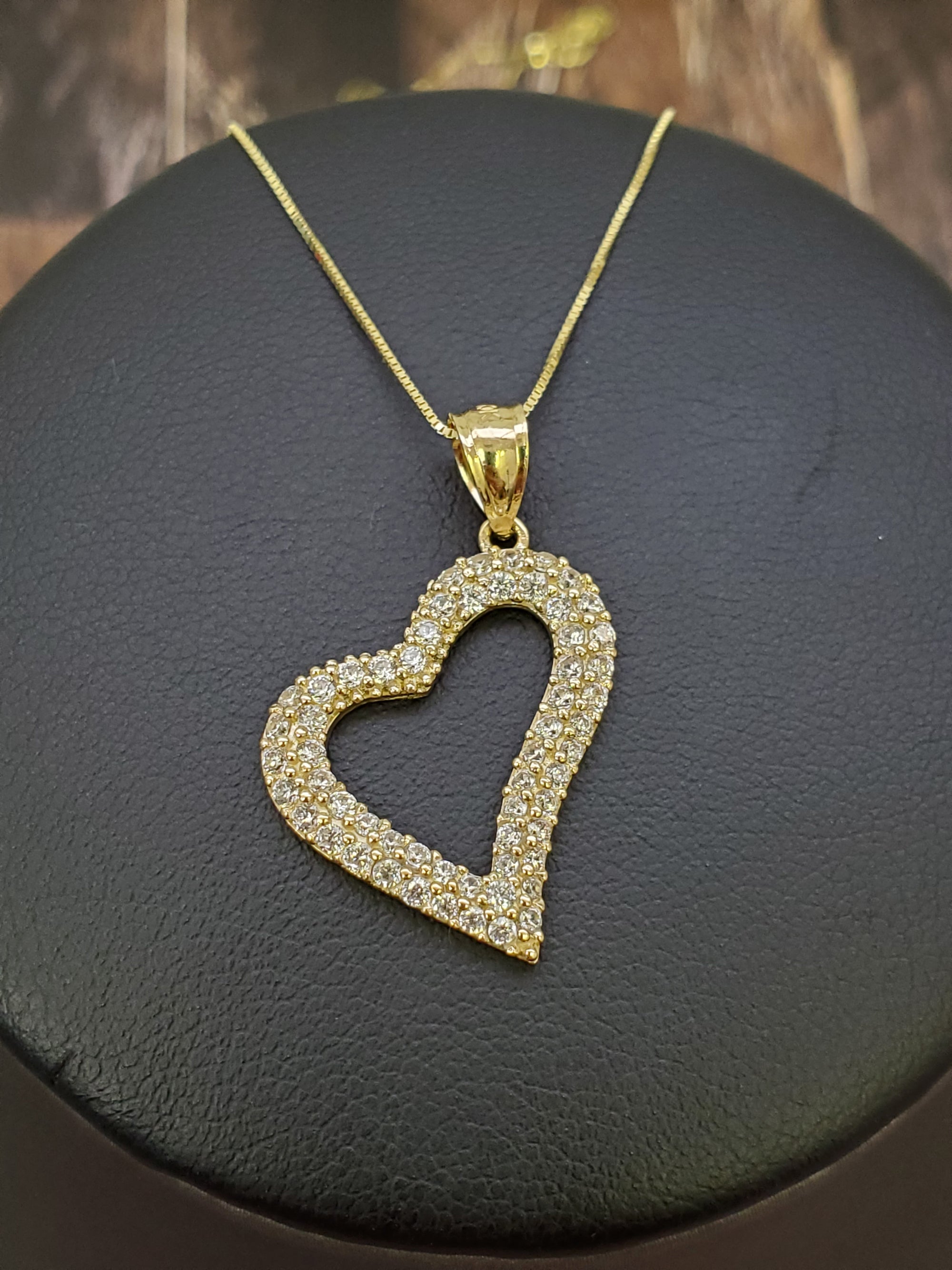 10K Solid Real Yellow Gold Curved Heart Cz (B) Pendant Charm with Box Chain