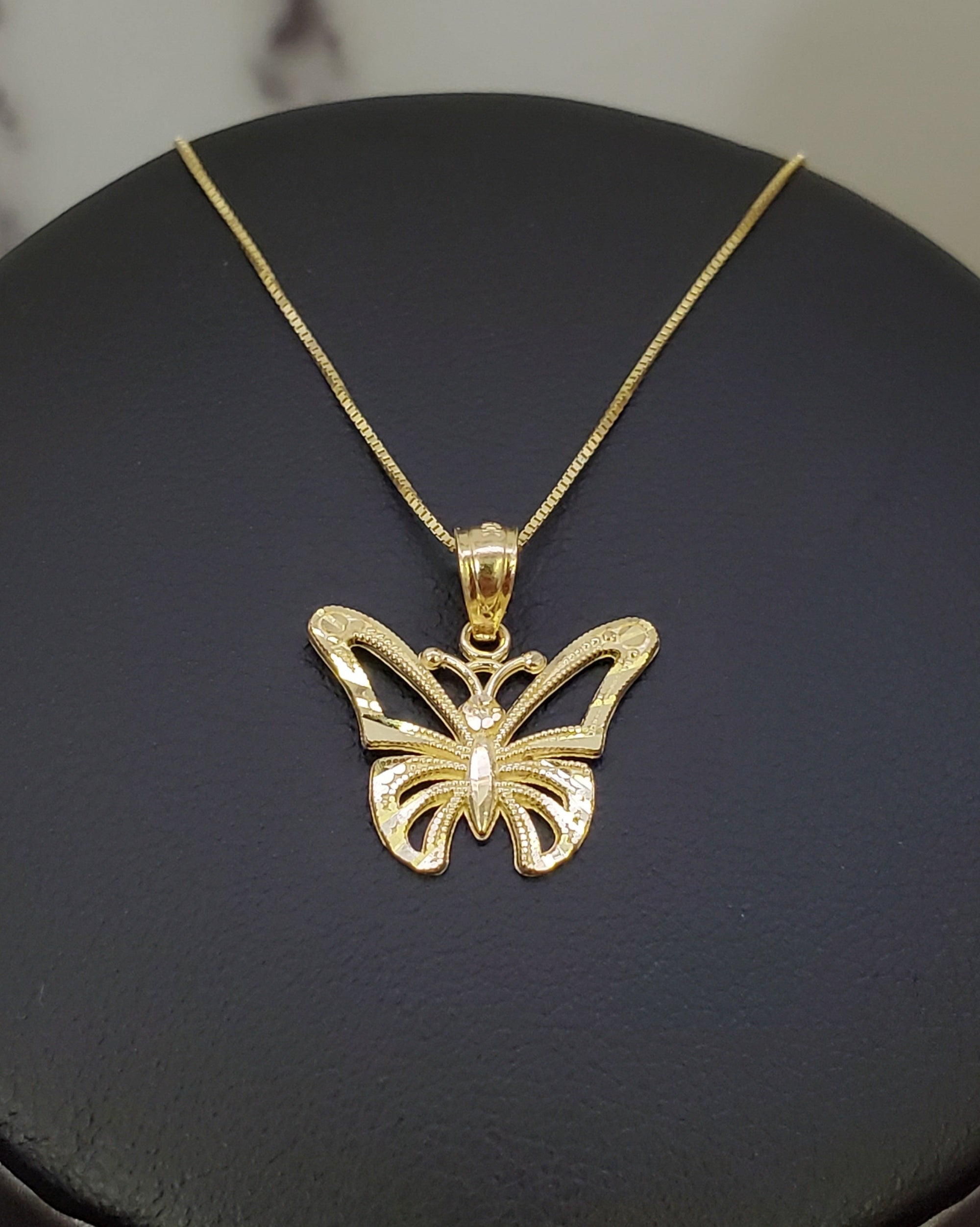 10K Solid Real Yellow Gold Butterfly Pendant Charm with Box Chain