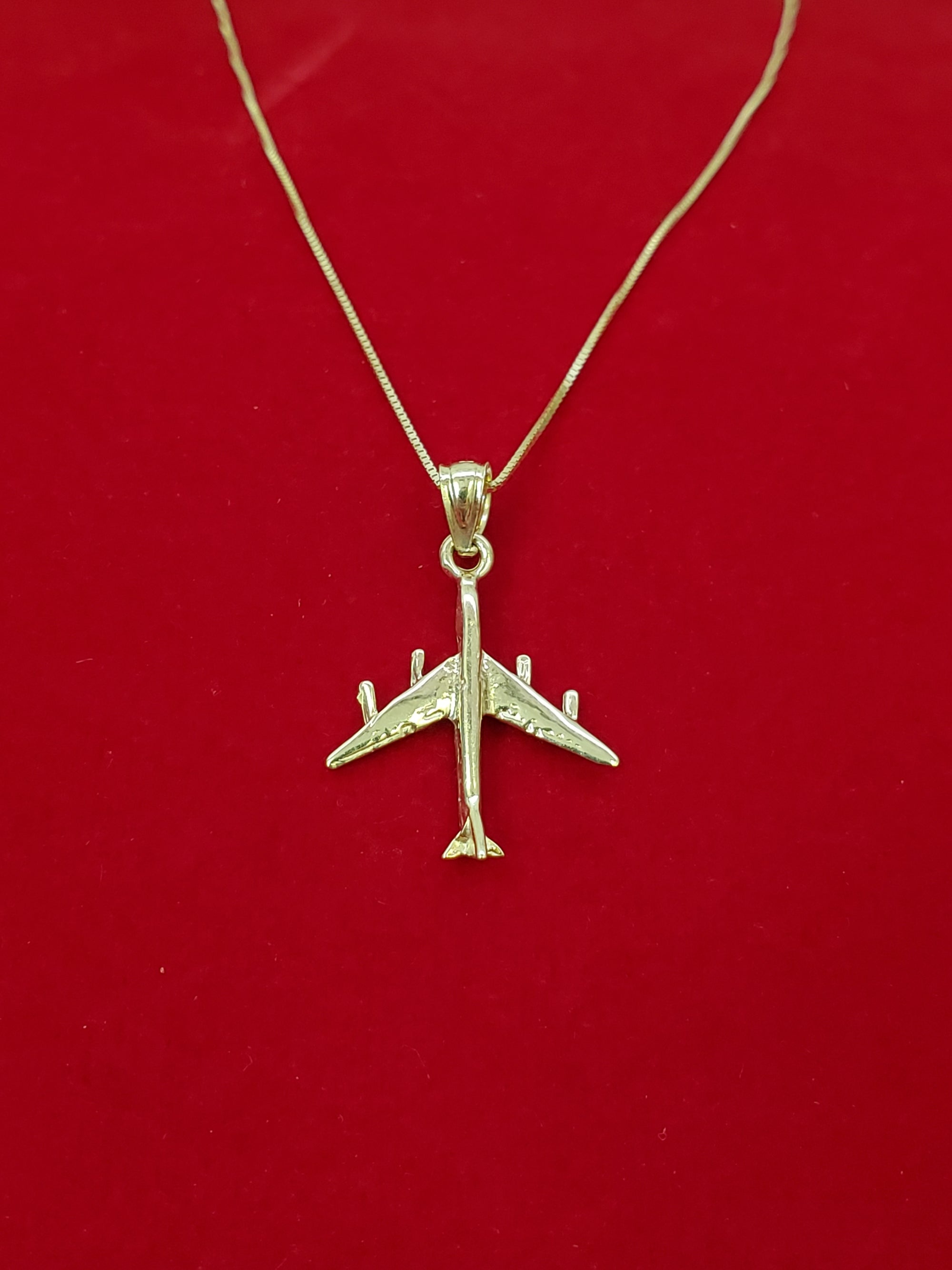 10K Solid Real Yellow Gold Air Plane Pendant Charm with Box Chain