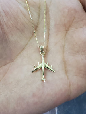 10K Solid Real Yellow Gold Air Plane Pendant Charm with Box Chain