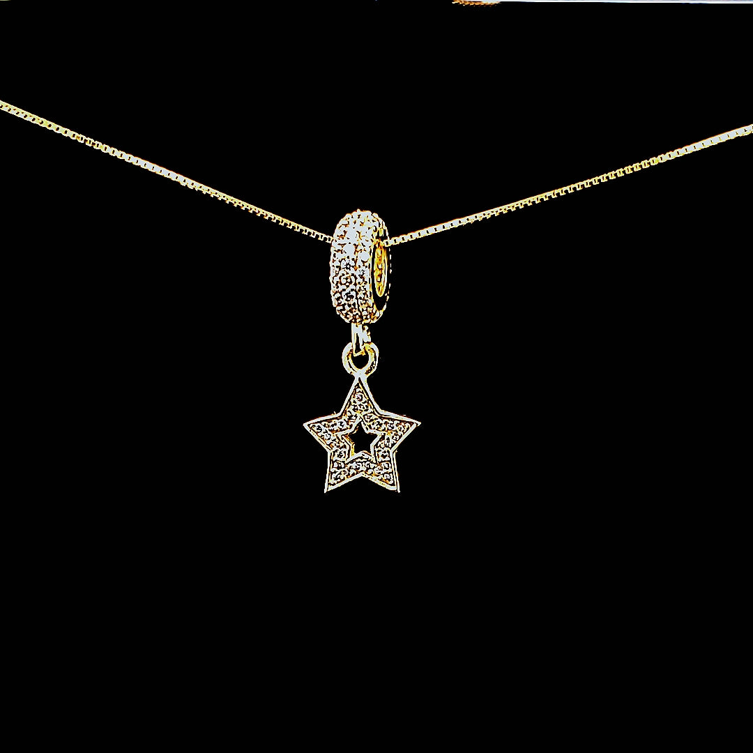 10K Solid Real Yellow Gold Cz Star Pendant Charm with Box Chain