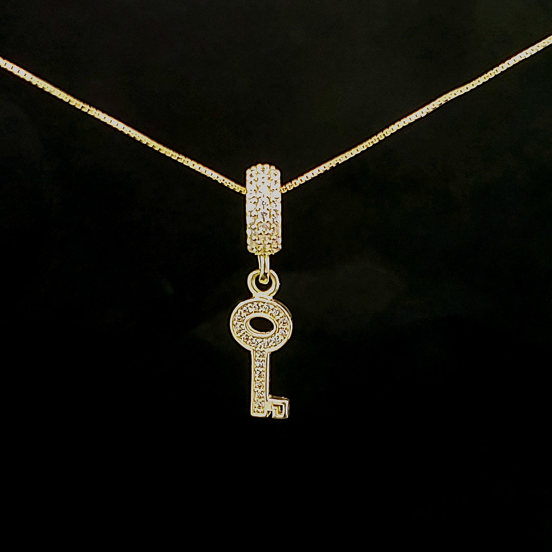 10K Solid Real Yellow Gold Cz Key Pendant Charm with Box Chain