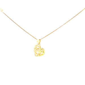 10K Solid Real Yellow Gold Filigree Heart with Cz Inside Pendant Charm with Box Chain