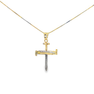 10K Solid Real Yellow & White Gold Cz in Bell Cross Pendant Charm with Box Chain