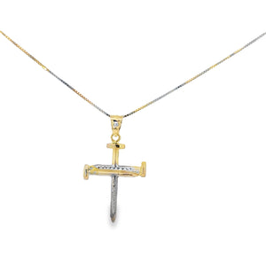 10K Solid Real Yellow & White Gold Cz in Bell Cross Pendant Charm with Box Chain