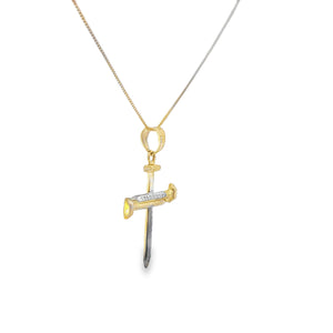 10K Solid Real Yellow & White Gold Cz in Bell Cross Pendant Charm with Box Chain