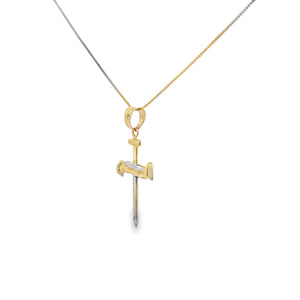 10K Solid Real Yellow & White Gold Cz in Bell Cross Pendant Charm with Box Chain