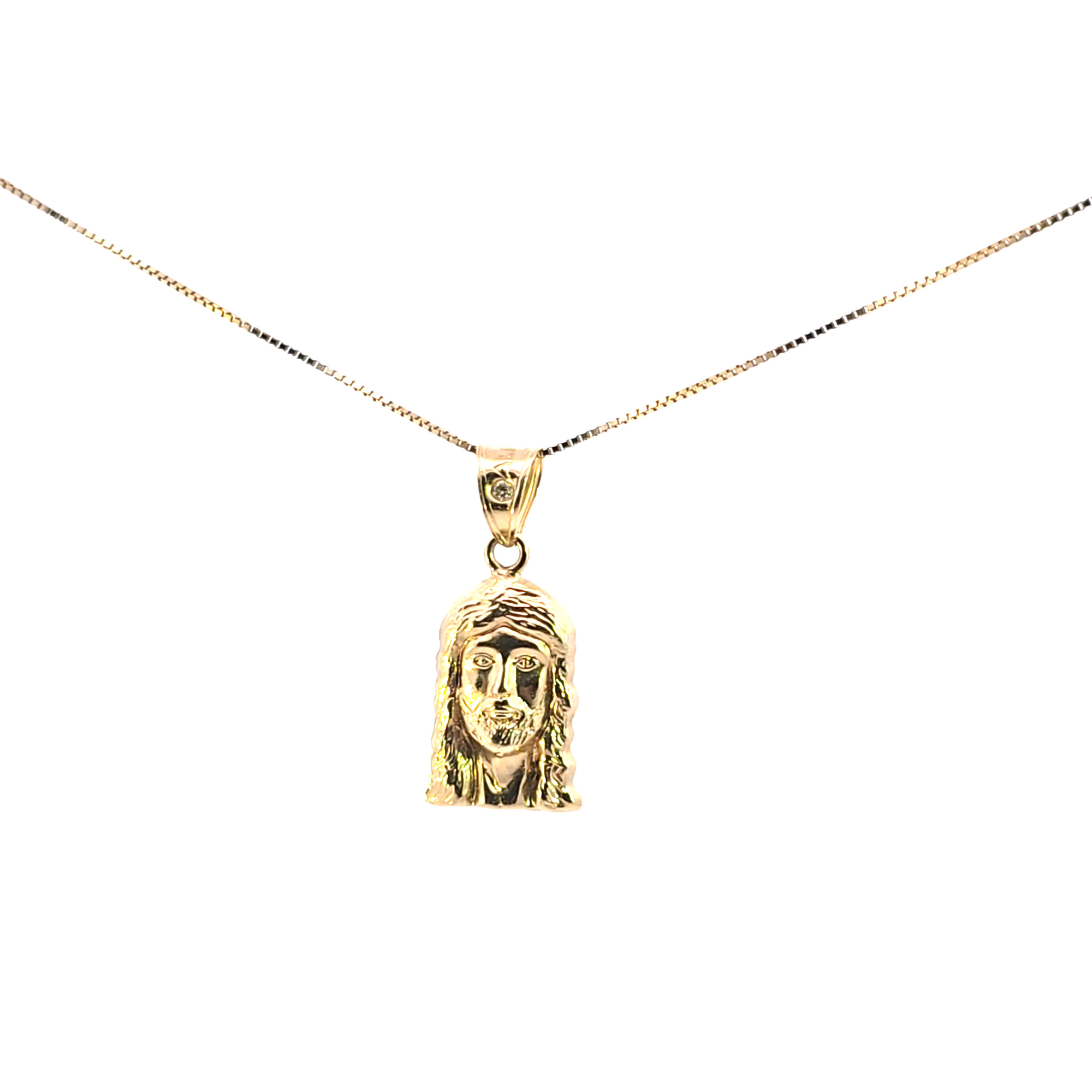 10K Solid Real Yellow Gold Jesus Face Pendant Charm (1inch) with Box Chain