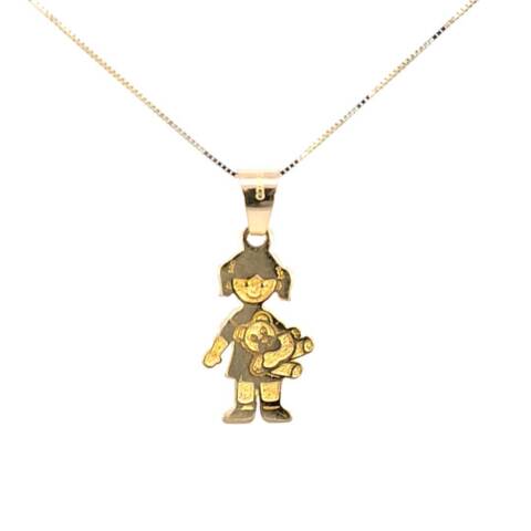 10K Real Gold Little Girl with Teddy Bear Small Charm with Box Chain