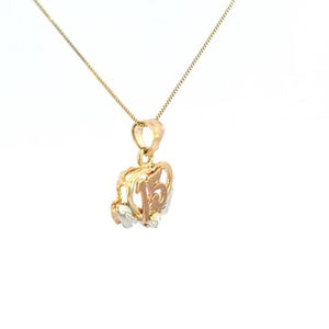 10K Real Gold Tricolor "15" Heart CZ Small Charm with Box Chain