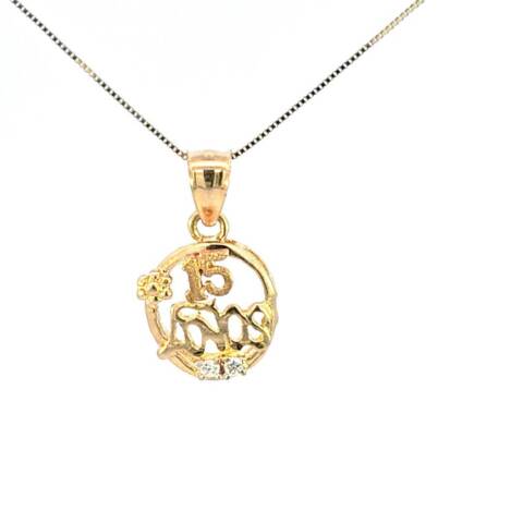 10K Real Gold Two-Tone 15 Anos Flower CZ Charm with Box Chain