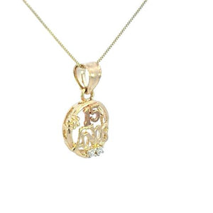 10K Real Gold Two-Tone 15 Anos Flower CZ Charm with Box Chain