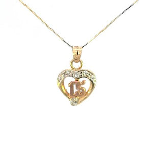 10K Real Gold Tricolor "15" Heart CZ Small Charm with Box Chain