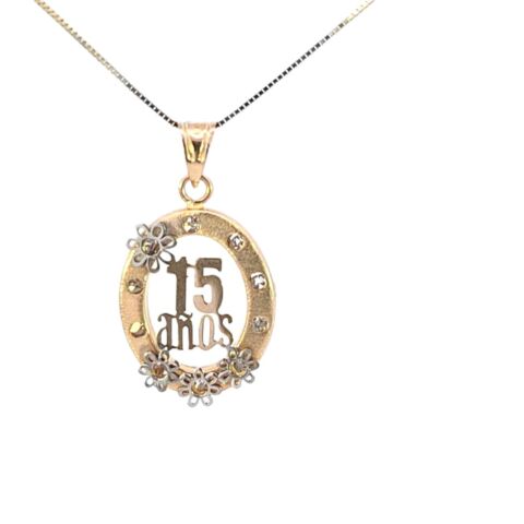 14K Real Gold 15 Anos CZ Oval Charm with Flowers & Box Chain