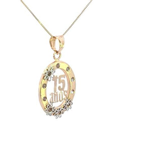 14K Real Gold 15 Anos CZ Oval Charm with Flowers & Box Chain