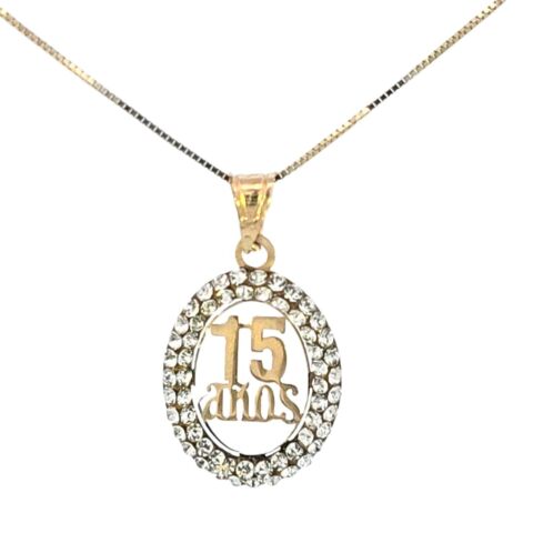 14K Real Gold 15 Anos Oval CZ Small Charm with Box Chain