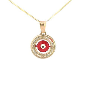 10K Real Gold Round Evil Eye Red CZ Small Charm with Box Chain