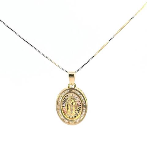 10K Real Gold Tricolor DC Oval Mother Mary CZ Small Charm with Box Chain