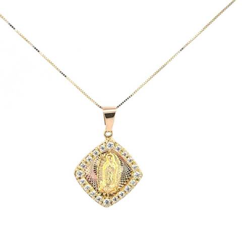 14K Real Gold Rhombus CZ Mother Mary Charm with Box Chain