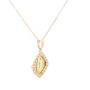 14K Real Gold Rhombus CZ Mother Mary Charm with Box Chain