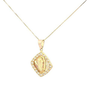 14K Real Gold Rhombus CZ Mother Mary Charm with Box Chain