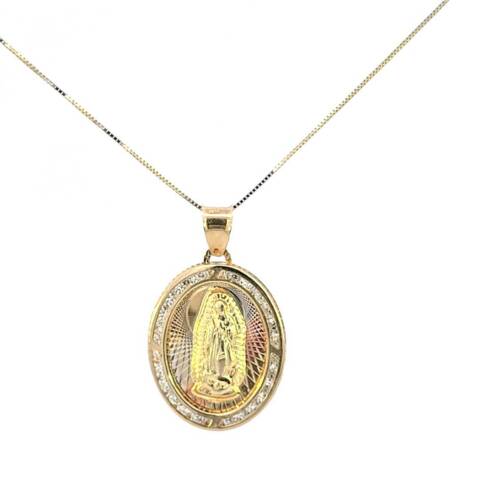 10K Real Oval Two-Tone CZ Mother Mary Charm with Box Chain