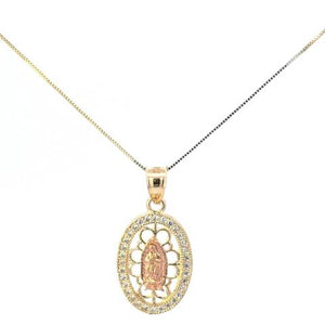 10K Real Two-Tone Oval CZ Mother Mary Fancy Charm with Box Chain