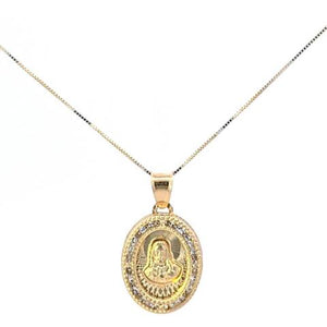 10K Real Gold Oval Jesus & Mother Mary Double Sided CZ Charm with Box Chain