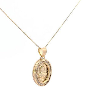 10K Real Gold Oval Jesus & Mother Mary Double Sided CZ Charm with Box Chain