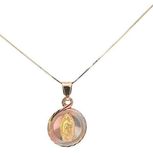 10K Real Gold Tri Color Round Mother Mary Small Charm with Box Chain