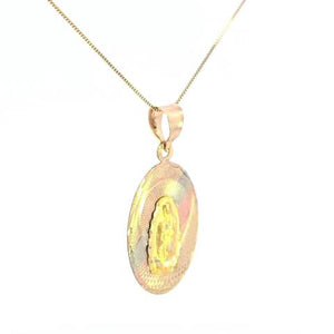 10K Real Gold TriColor Mother Mary Oval Medium Charm with Box Chain