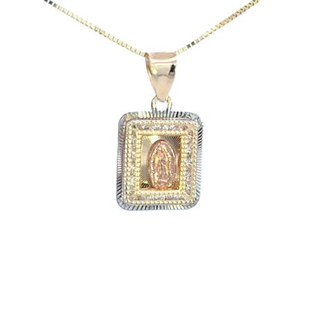 10K Real Gold Tri Color Square CZ Mother Mary Small Charm with Box Chain