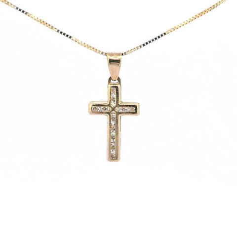 10K Real Gold CZ Small Cross Charm with Box Chain