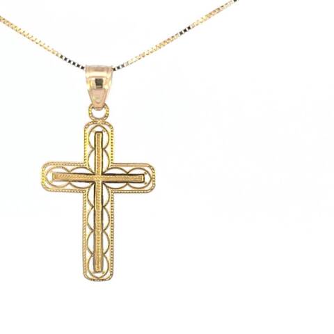 10K Real Gold Diamond Cut Fancy Small Cross Charm with Box Chain