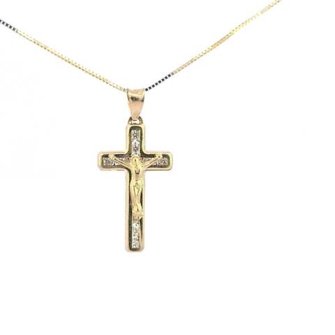 10K Real Gold Jesus Cross CZ Small Charm with Box Chain