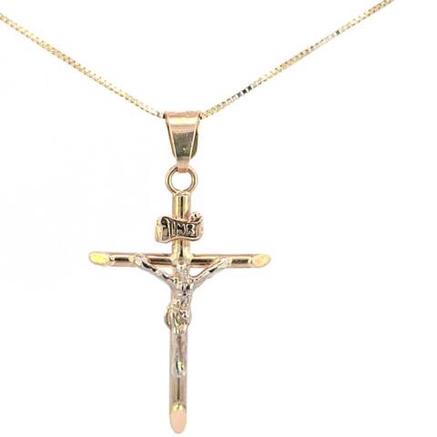 14K Real Gold Two-Tone "INRI" Jesus Tube Cross Charm with Box Chain