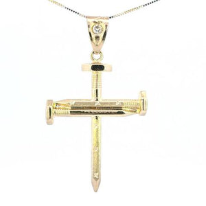 10K Real Gold Two-Tone Nail Cross CZ Charm with Box Chain