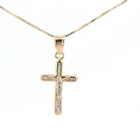 10K Real Gold Jesus Cross CZ Small Charm with Box Chain