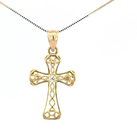 10K Real Gold Filigree Cross CZ Small Charm with Box Chain