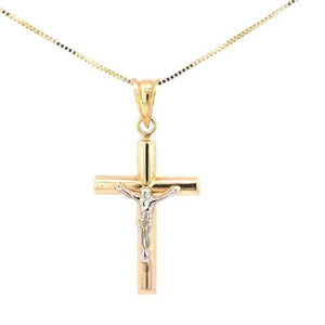 10K Real Gold Two-Tone Hollow Tube Cross with Jesus Medium Charm with Box Chain