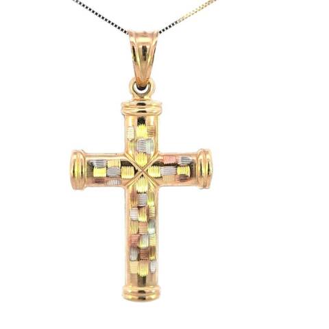 10K Real Solid Gold Tri Color Cross Big Reversible Medium Charm with Box Chain