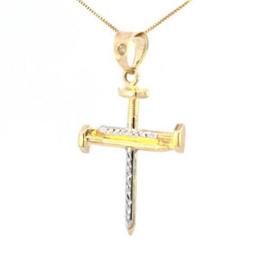 10K Real Gold Two Tone Screw Nail Cross CZ Charm with Box Chain