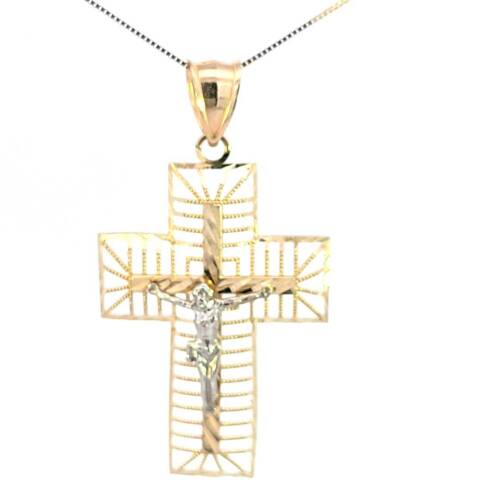 10K Real Gold Two Tone Medium Cross Charm with Box Chain